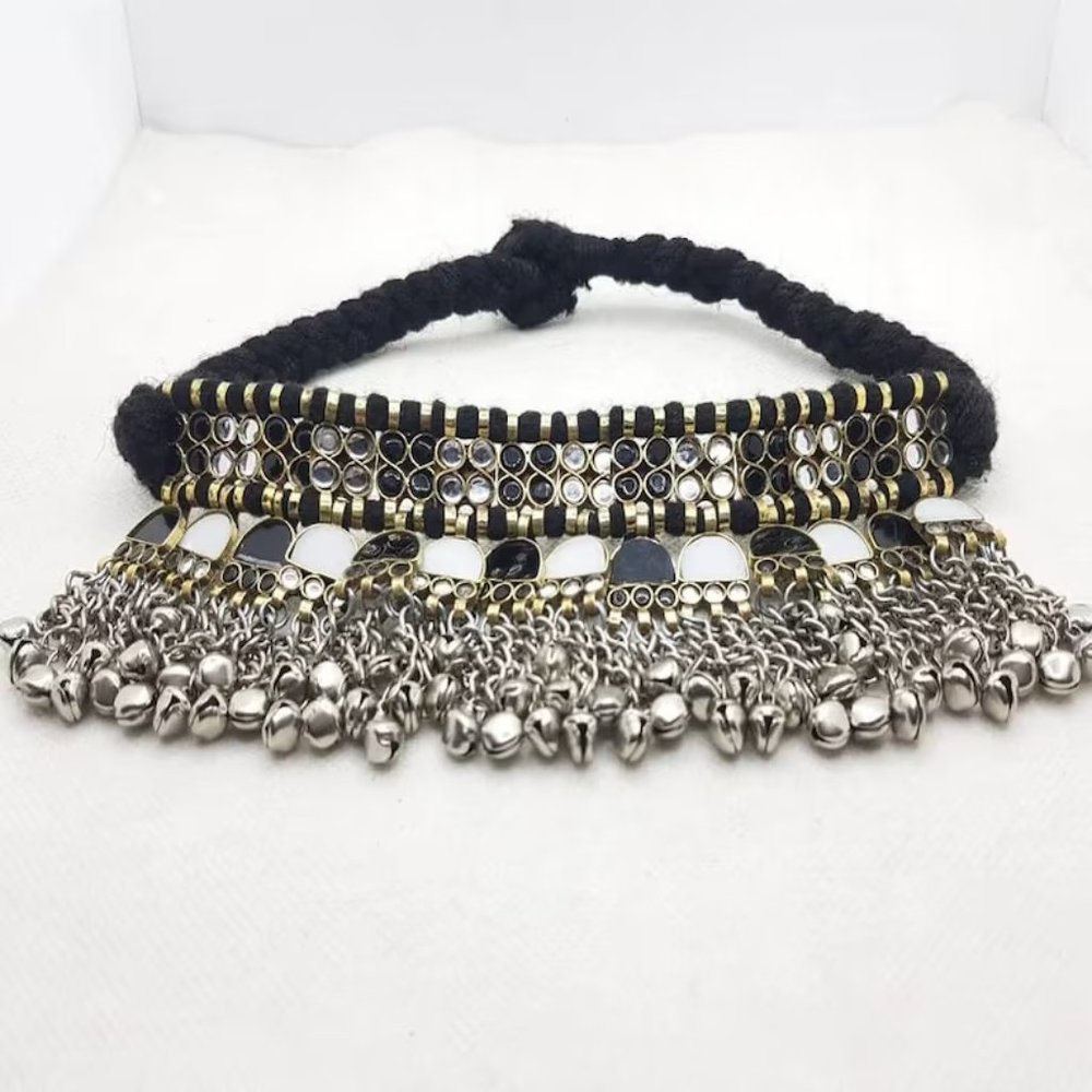 Turkmen Tribal Choker: Handmade Ethnic Necklace with Glass Stones & Bells